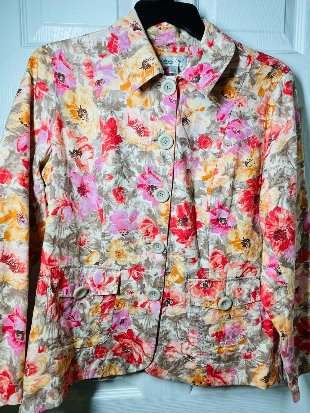 Coldwater Creek Floral Button-Front Jacket in Pink, Yellow & Cream